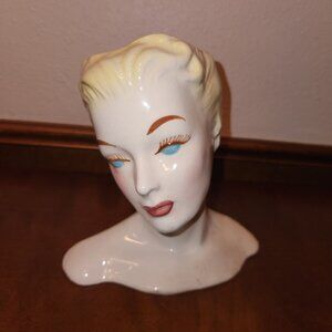 VTG Horton Ceramics Blonde Lady Head Vase Figurine Planter With Blue Eyes